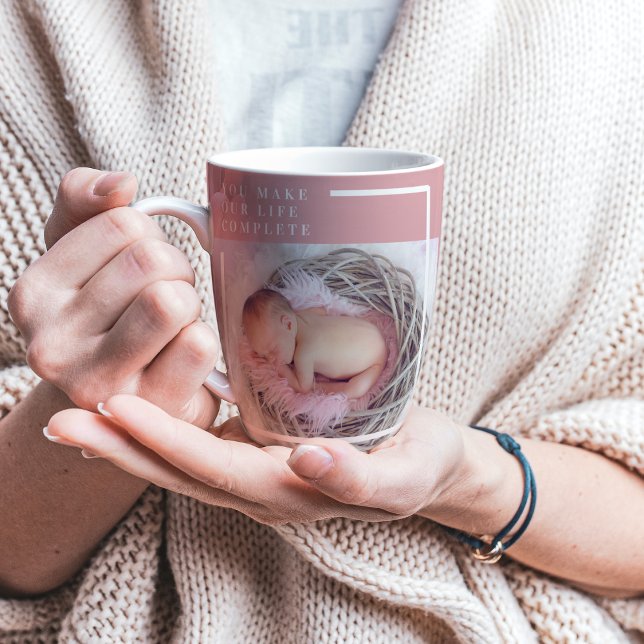 Modern Cute Baby Photo | Pink & White | Quote  Latte Mug (Creator Uploaded)