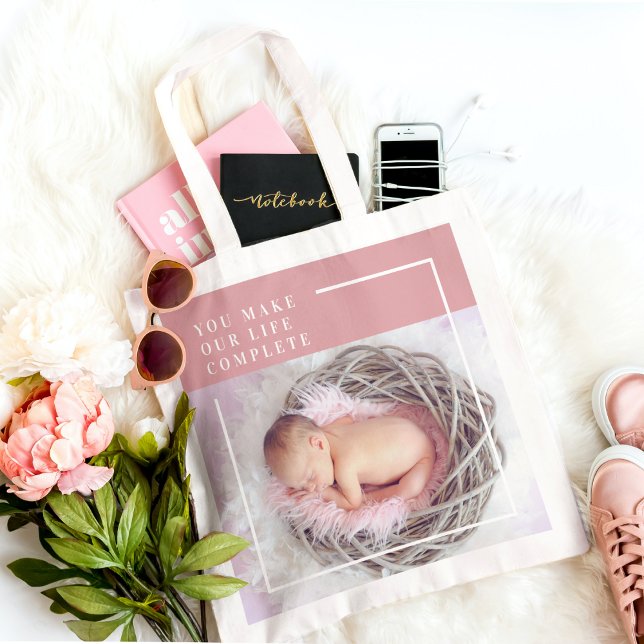 Modern Cute Baby Photo | Pink & White | Quote  Tote Bag (Creator Uploaded)