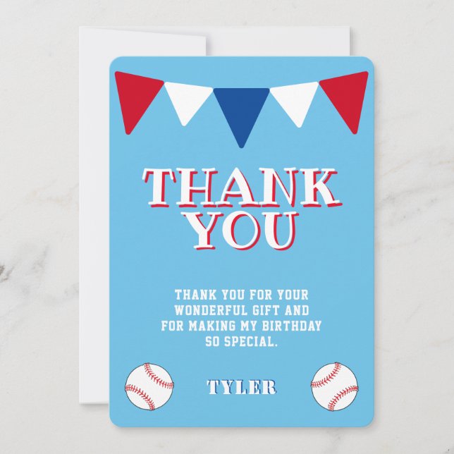 Modern Cute Baseball Kids Birthday Thank You Card (Front)