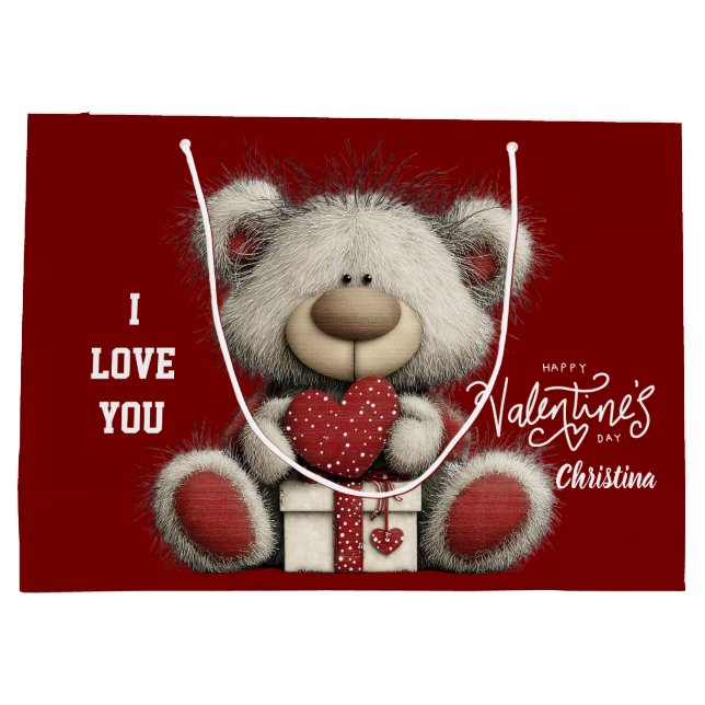 Modern Cute Bear Happy Valentines Day Name  Large Gift Bag (Back)