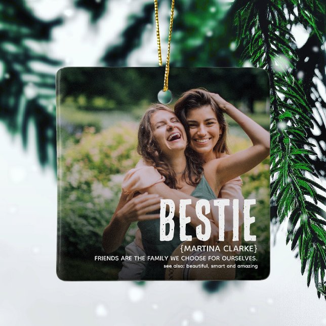 Modern Cute BESTIE Definition 2 Photo Christmas Ceramic Ornament (Creator Uploaded)