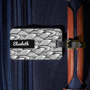 Modern Cute Black And White Hippie Daisy Floral Luggage Tag