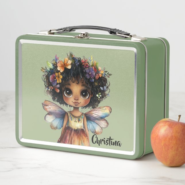 Modern Cute Black Girl Fairy Princess Metal Lunch Box (In Situ)