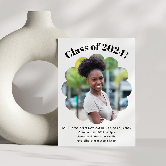 Modern Cute Black White Graduation Party Photo Invitation (Creator Uploaded)