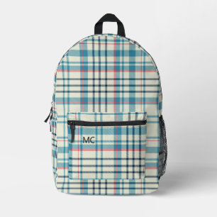 Modern Cute Blue Check Plaid Monogram Initials Printed Backpack