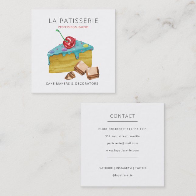 Modern Cute Blue Cheesecake Bakery Pastry Chef Square Business Card (Front/Back)