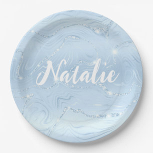 Modern Cute Blue Glitter Marble Personalised Name  Paper Plate