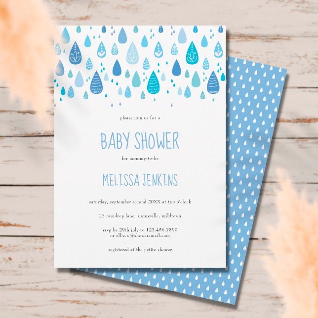 Modern Cute Blue Raindrops Baby Boy Shower  Invitation (Creator Uploaded)