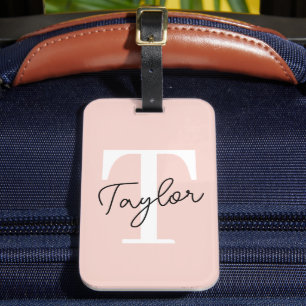 Modern Cute Blush Pink Monogram Name Girly Script Luggage Tag