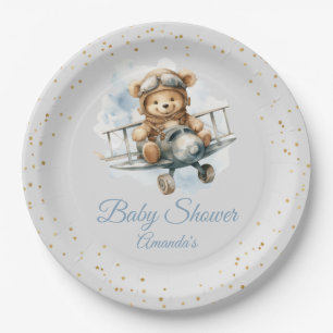 Modern cute Boho Blue Teddy Bear Boy baby shower  Paper Plate