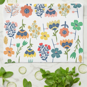 Modern cute botanical pattern Pink Blue yellow Tea Towel