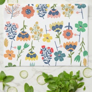 Modern cute botanical pattern Pink Blue yellow Tea Towel