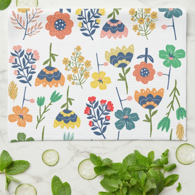Modern cute botanical pattern Pink Blue yellow Tea Towel (Folded)
