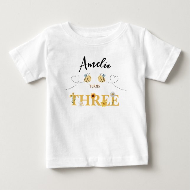 Modern Cute Bumble Bee Third Birthday Baby T-Shirt (Front)