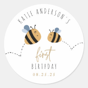 Modern Cute Bumblebee First Birthday Classic Round Sticker