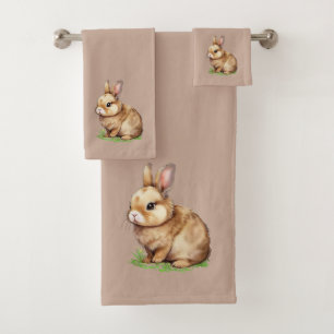 Modern Cute Bunny on Lucky Beige Bath Towel Set