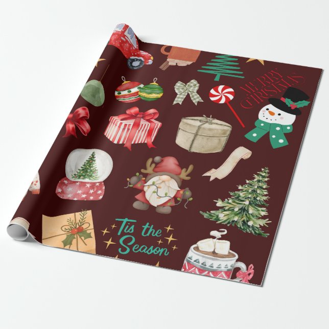 Modern cute burgundy Christmas pattern trees Wrapping Paper (Unrolled)