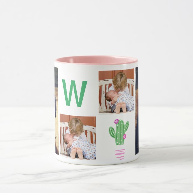 Modern Cute Cactus & 4 Family Photos Mug (Center)
