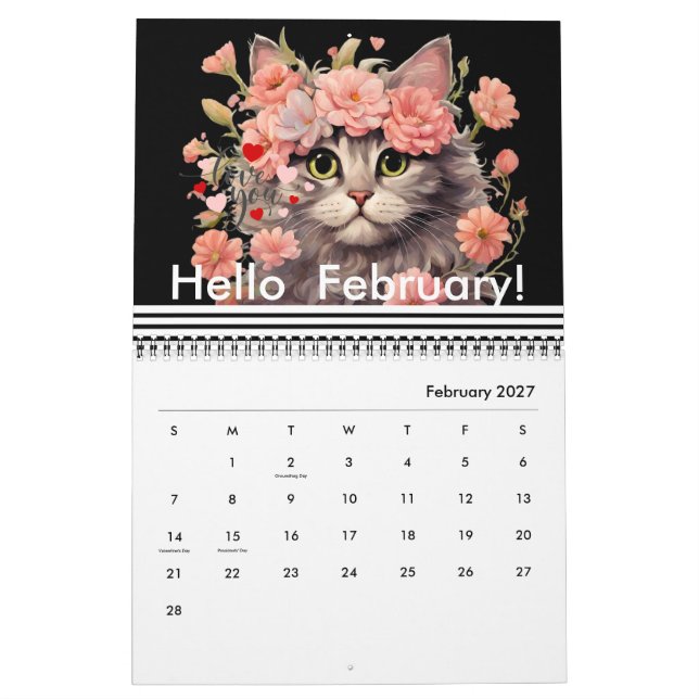 Modern Cute Cat Flower Daily Monthly Yearly 2024  Calendar (Feb 2027)
