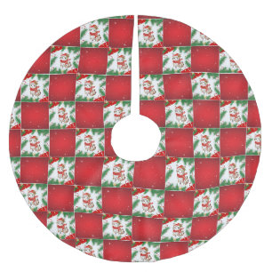 Modern Cute cat Santa Xmas Holly chequered Pattern Brushed Polyester Tree Skirt