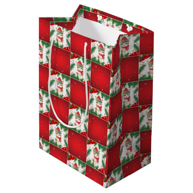 Modern Cute cat Santa Xmas Holly chequered Pattern Medium Gift Bag (Back Angled)