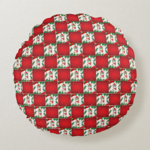 Modern Cute cat Santa Xmas Holly chequered Pattern Round Cushion