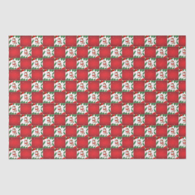 Modern Cute cat Santa Xmas Holly chequered Pattern Tissue Paper (Front)