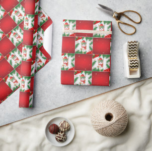 Modern Cute cat Santa Xmas Holly chequered Pattern Wrapping Paper