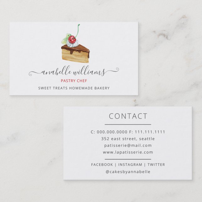 Modern Cute Chocolate Cake Bakery Pastry Chef Business Card (Front/Back)
