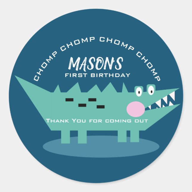 Modern Cute Chomping Alligator Safari Birthday   Classic Round Sticker (Front)