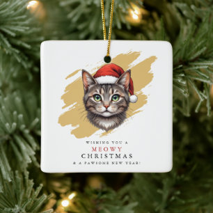 Modern Cute Christmas Cat with Santa Hat Ceramic Ornament