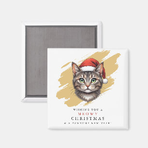 Modern Cute Christmas Cat with Santa Hat Magnet