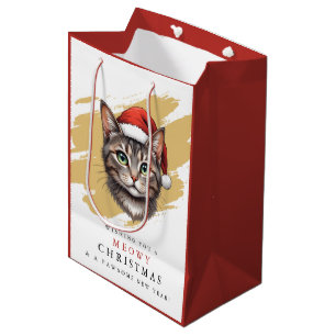 Modern Cute Christmas Cat with Santa Hat Medium Gift Bag