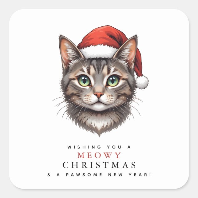 Modern Cute Christmas Cat with Santa Hat Square Sticker (Front)