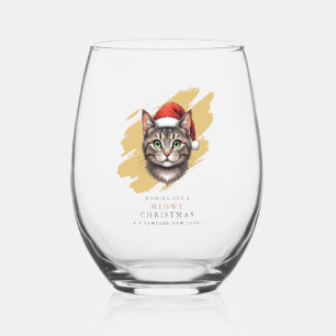 Modern Cute Christmas Cat with Santa Hat Stemless Wine Glass