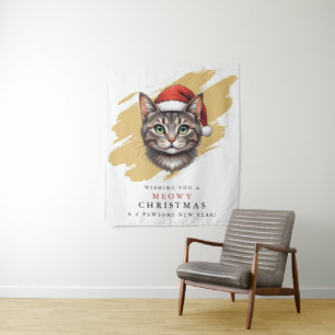 Modern Cute Christmas Cat with Santa Hat Tapestry