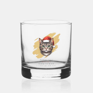 Modern Cute Christmas Cat with Santa Hat Whiskey Glass