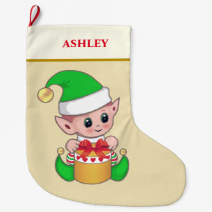 Modern cute Christmas elf & gift box on sand beige Large Christmas Stocking