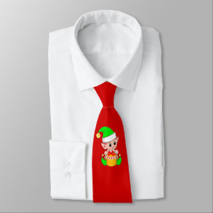 Modern Cute Christmas Elf on Red Tie