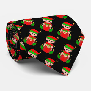 Modern Cute Christmas Elf  Pattern on Black Tie