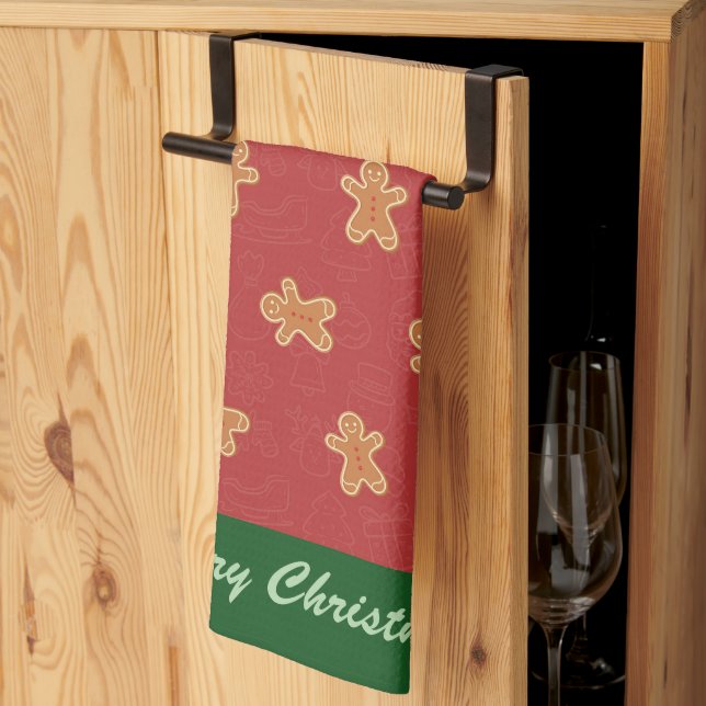 Modern Cute Christmas Gingerbread Man Pattern Tea Towel (Thirds Fold)
