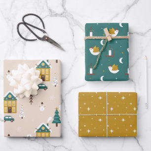 Modern Cute Christmas Snowman & Dove Wrapping Paper Sheet