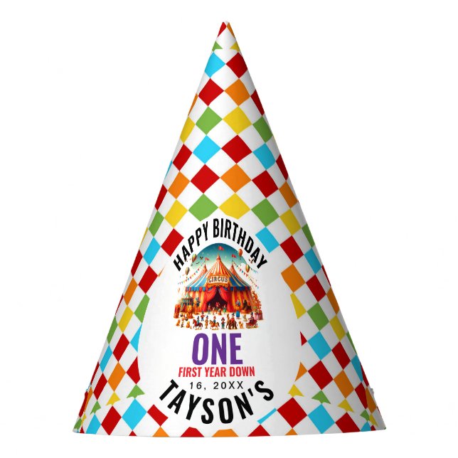 Modern Cute Circus Carnival 1st Birthday Party Hat (Front)