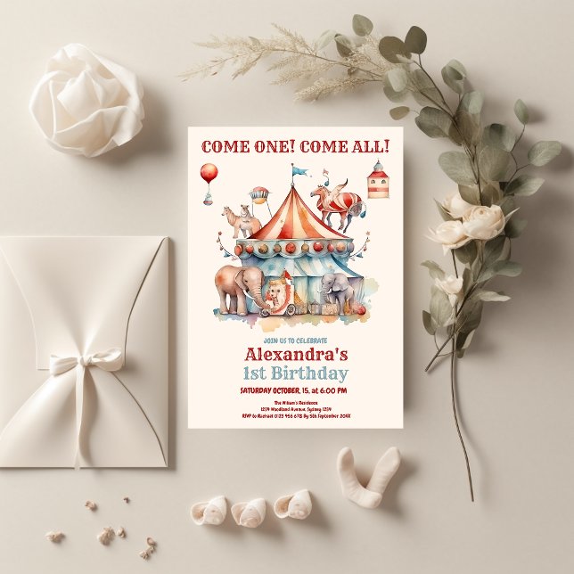 Modern Cute Circus Carnival Festival 1st Birthday Invitation (Creator Uploaded)
