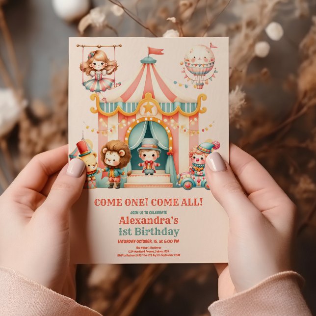 Modern Cute Circus Carnival Festival 1st Birthday Invitation (Creator Uploaded)