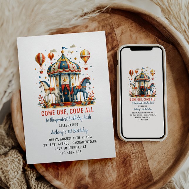 Modern Cute Circus Carnival Festival 1st Birthday  Invitation (Creator Uploaded)