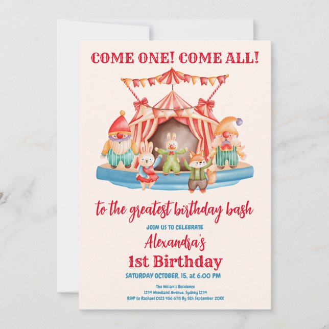 Modern Cute Circus Carnival Festival 1st Birthday Invitation (Front)