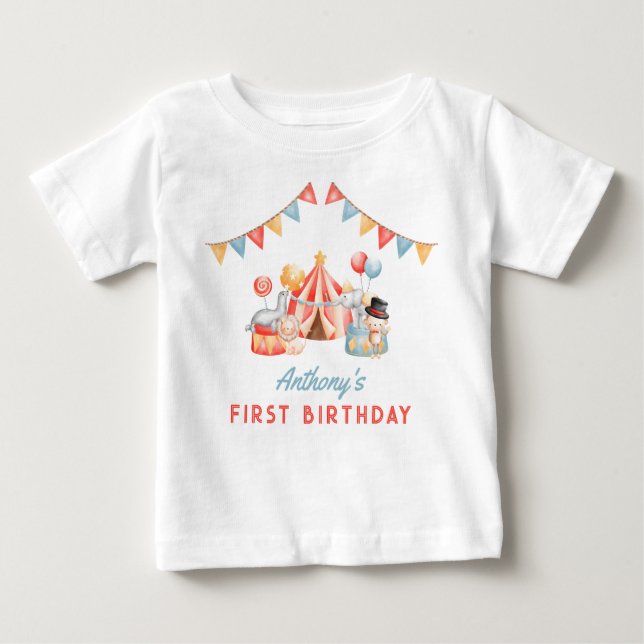 Modern Cute Circus Carnival Fiesta First Birthday Baby T-Shirt (Front)