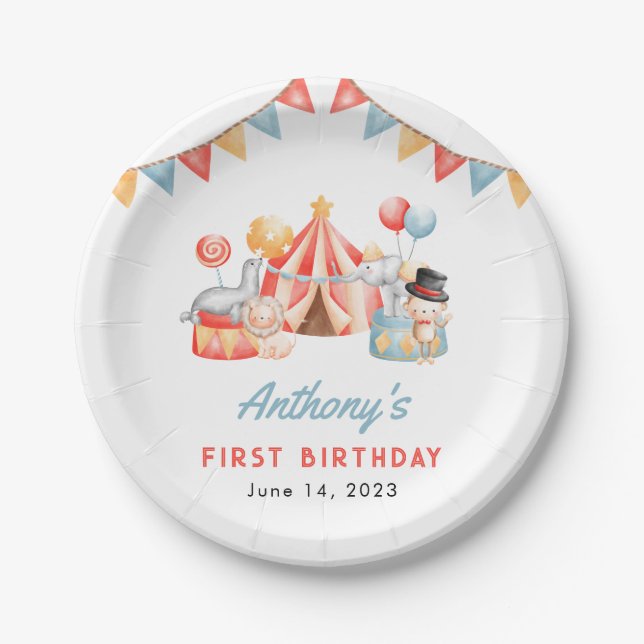 Modern Cute Circus Carnival Fiesta First Birthday Paper Plate (Front)