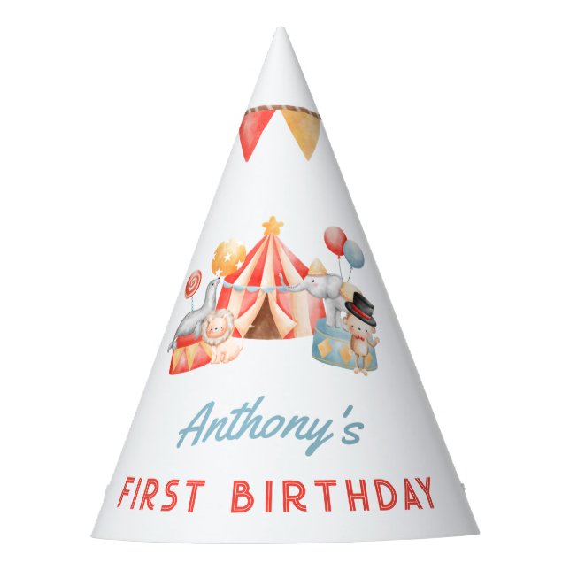 Modern Cute Circus Carnival Fiesta First Birthday Party Hat (Front)